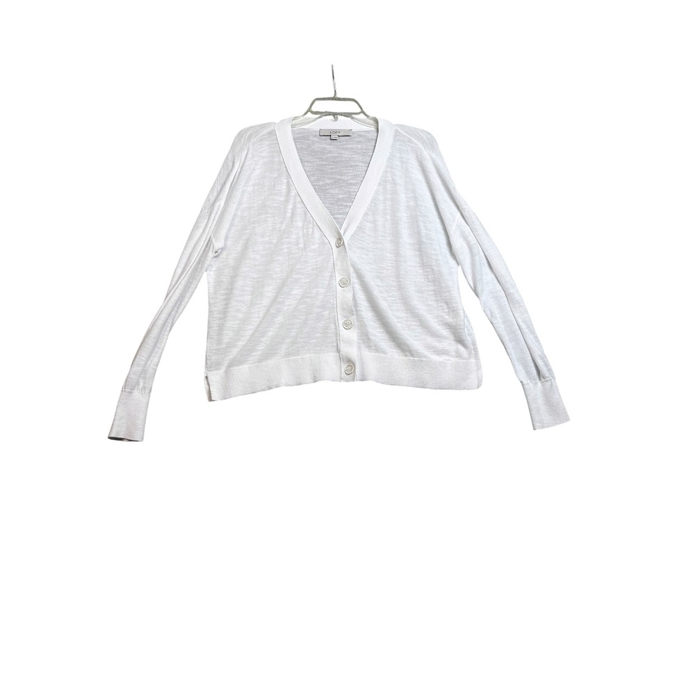 Loft White Ramie Rayon Blend V-Neck Button Front Cardigan M Coastal Grandma - Picture 2 of 7